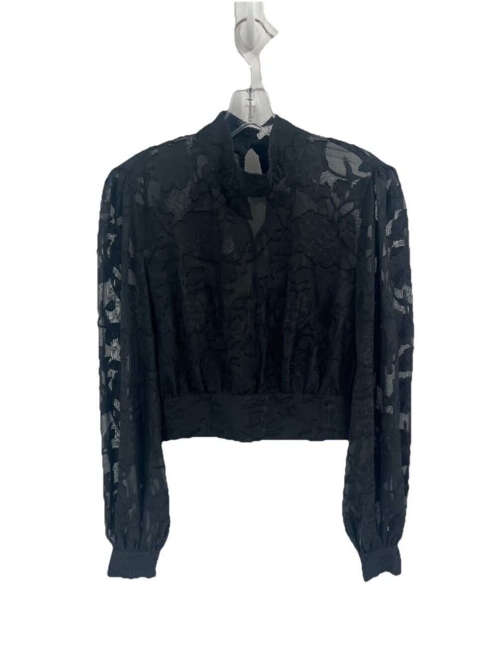 Senlis Black Sheer Lace Crop Top High Neck Long Sleeve Romantic Gothic Blouse M